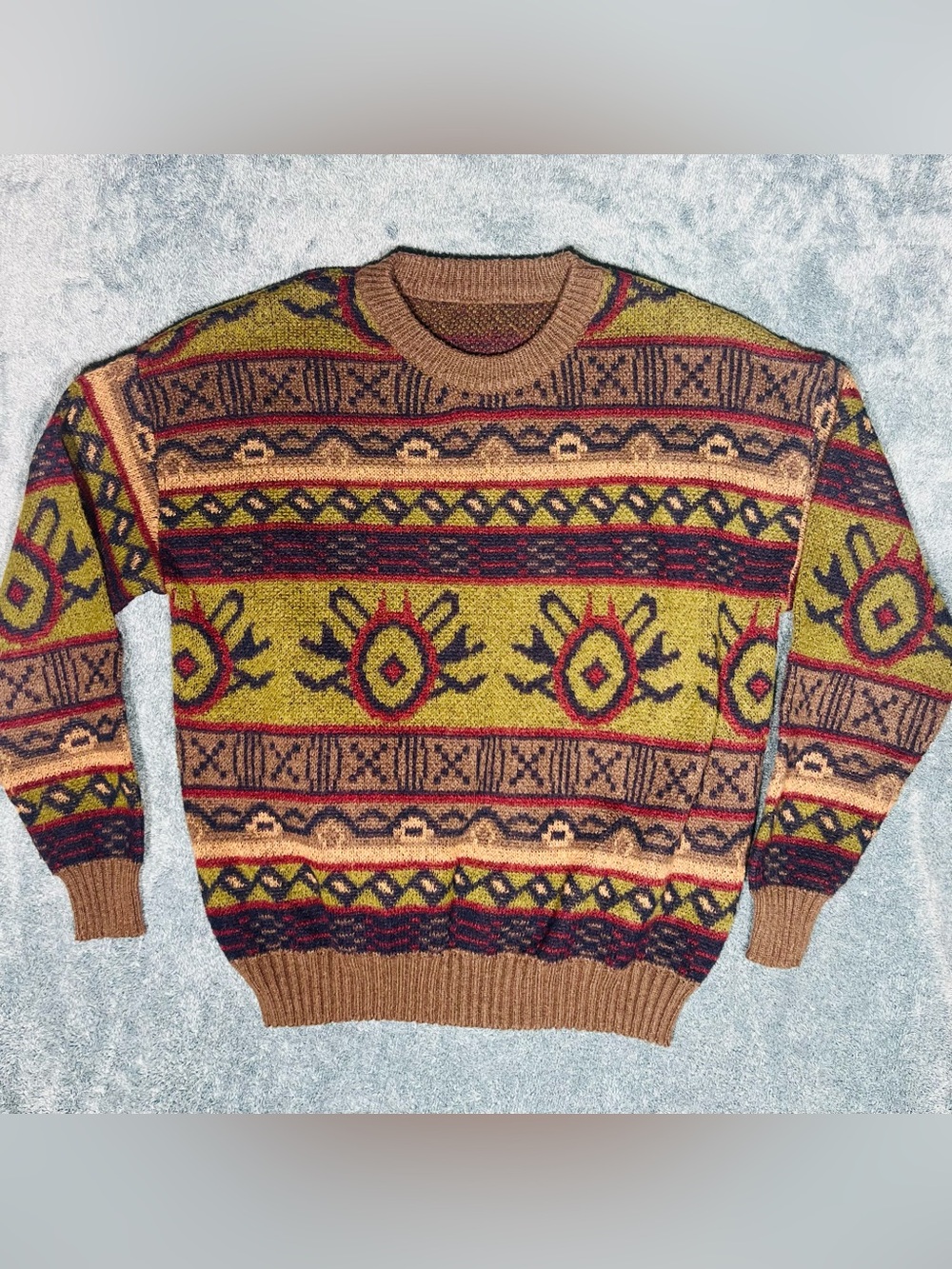 Southwestern Geometric Oversized Sweater Unisex Brown Olive Pullover